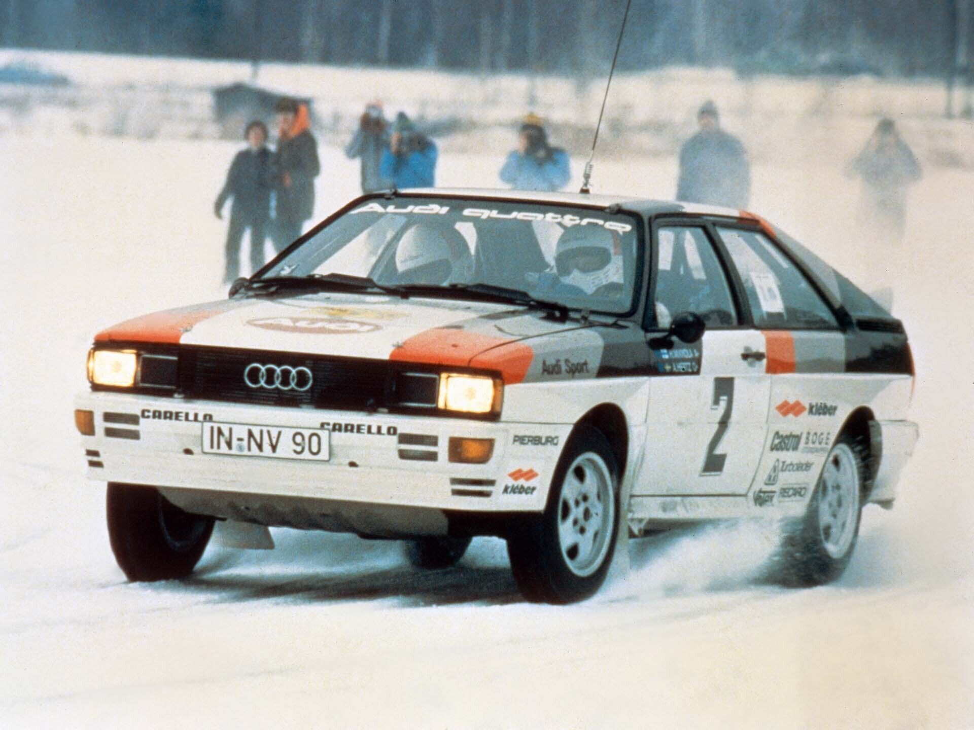 A picture showing an Audi quattro rally car on snow in Sweden in 1981.