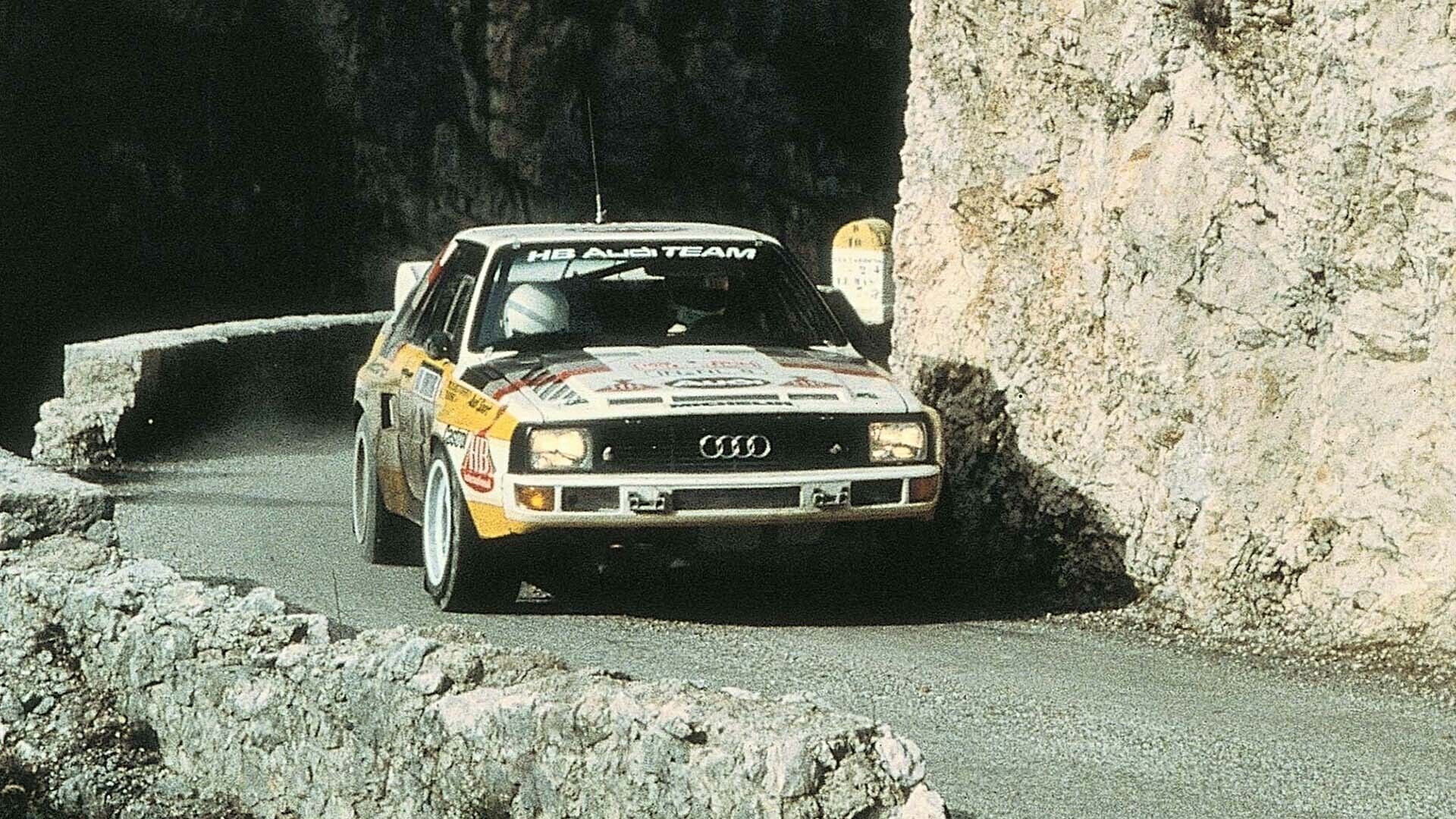 A picture of an Audi Sport quattro rally car on tarmac in Monte Carlo in 1985.
