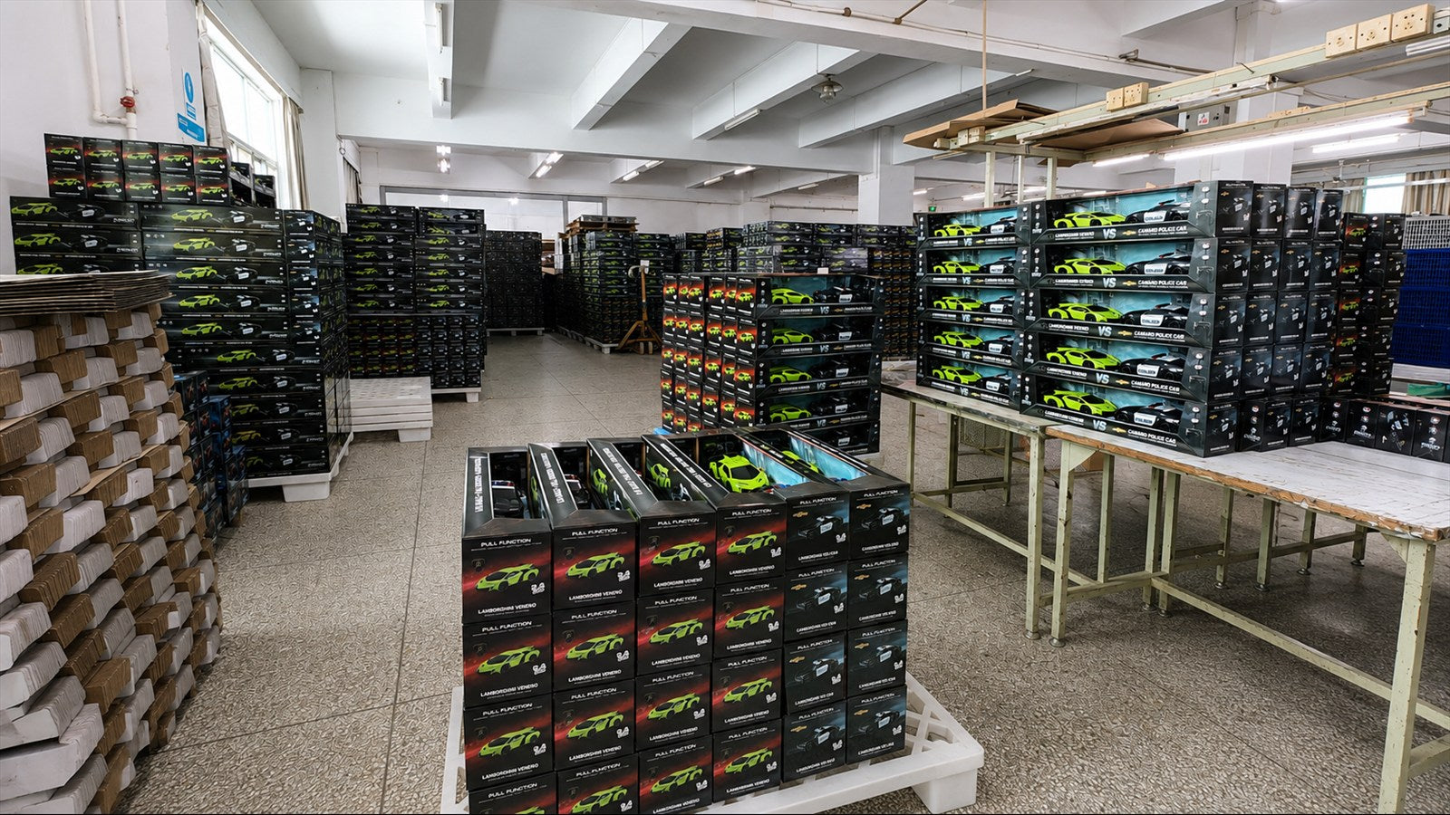 Finished remote-control vehicles and retail packaging organized in storage
