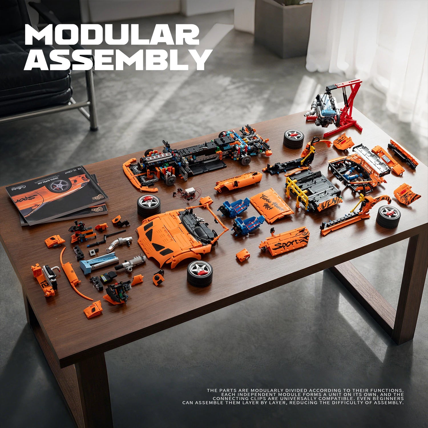Modular components of an orange brick-built race car ready for assembly