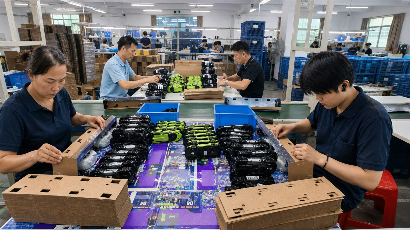 Workers completing final assembly and packaging of remote-control vehicles