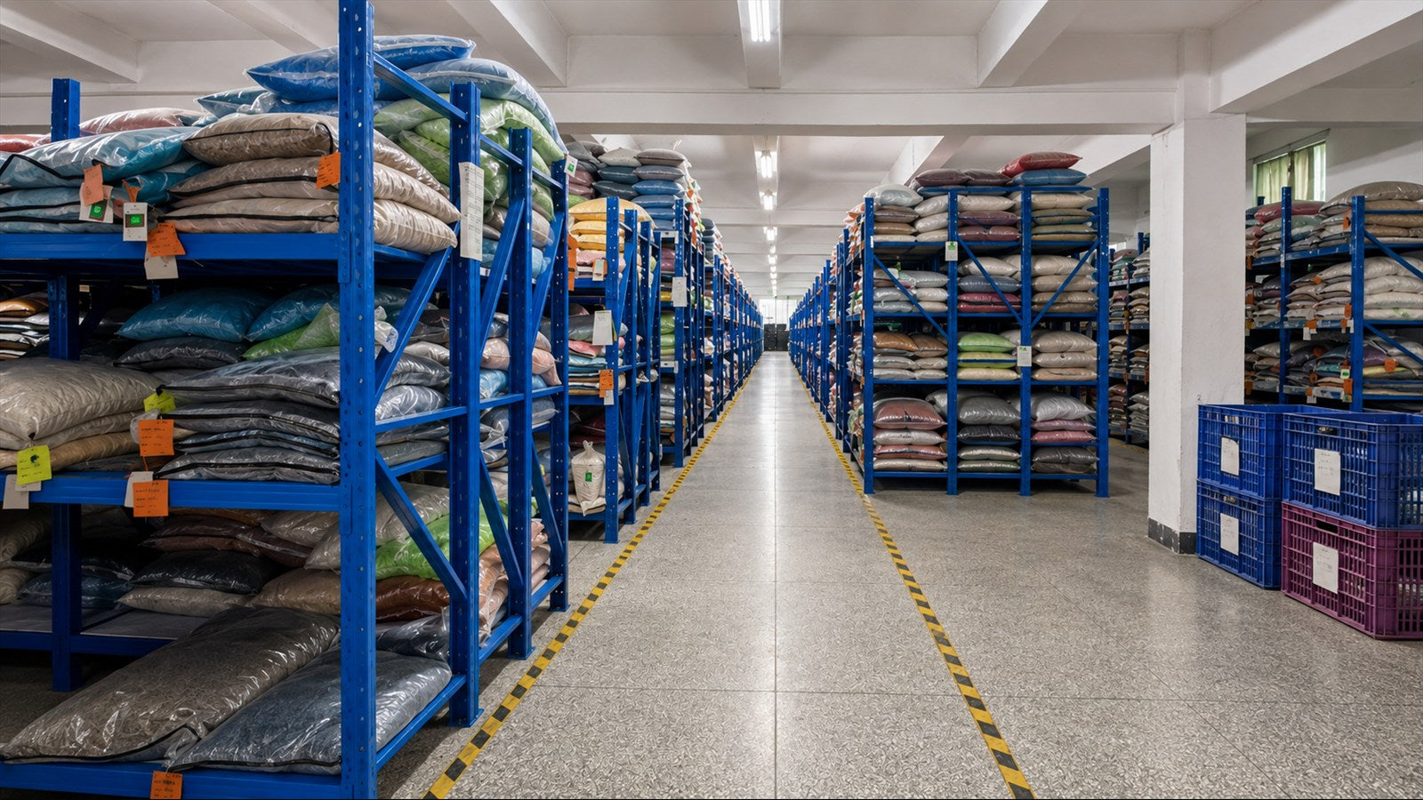 Warehouse racks organizing engineering materials by color