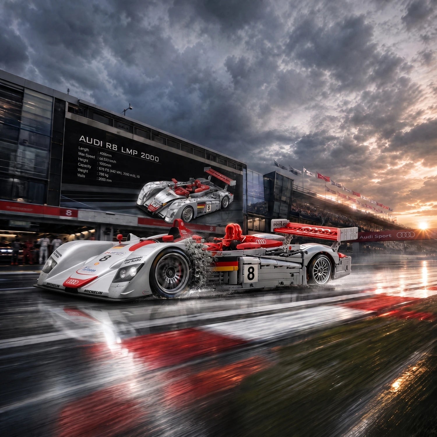 Silver-and-red brick-built endurance race car competing on track