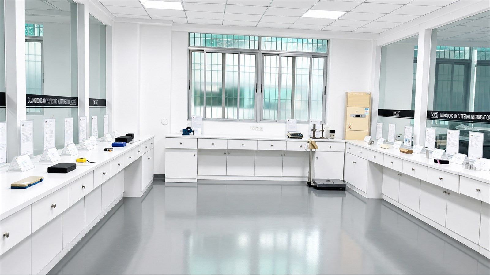 Quality-testing laboratory with product samples and inspection instruments