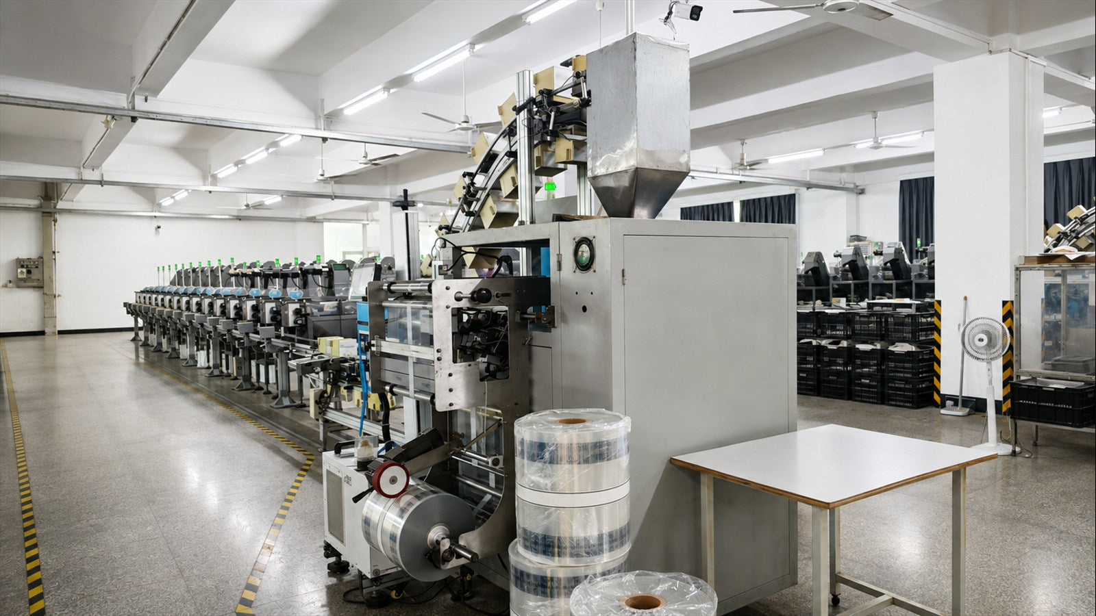 Packaging-material forming equipment with rolls of transparent film