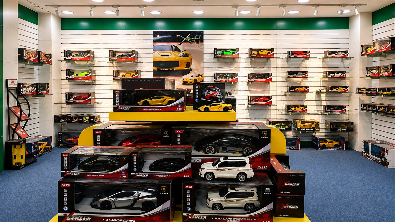 Branded remote-control vehicles and retail packaging on display